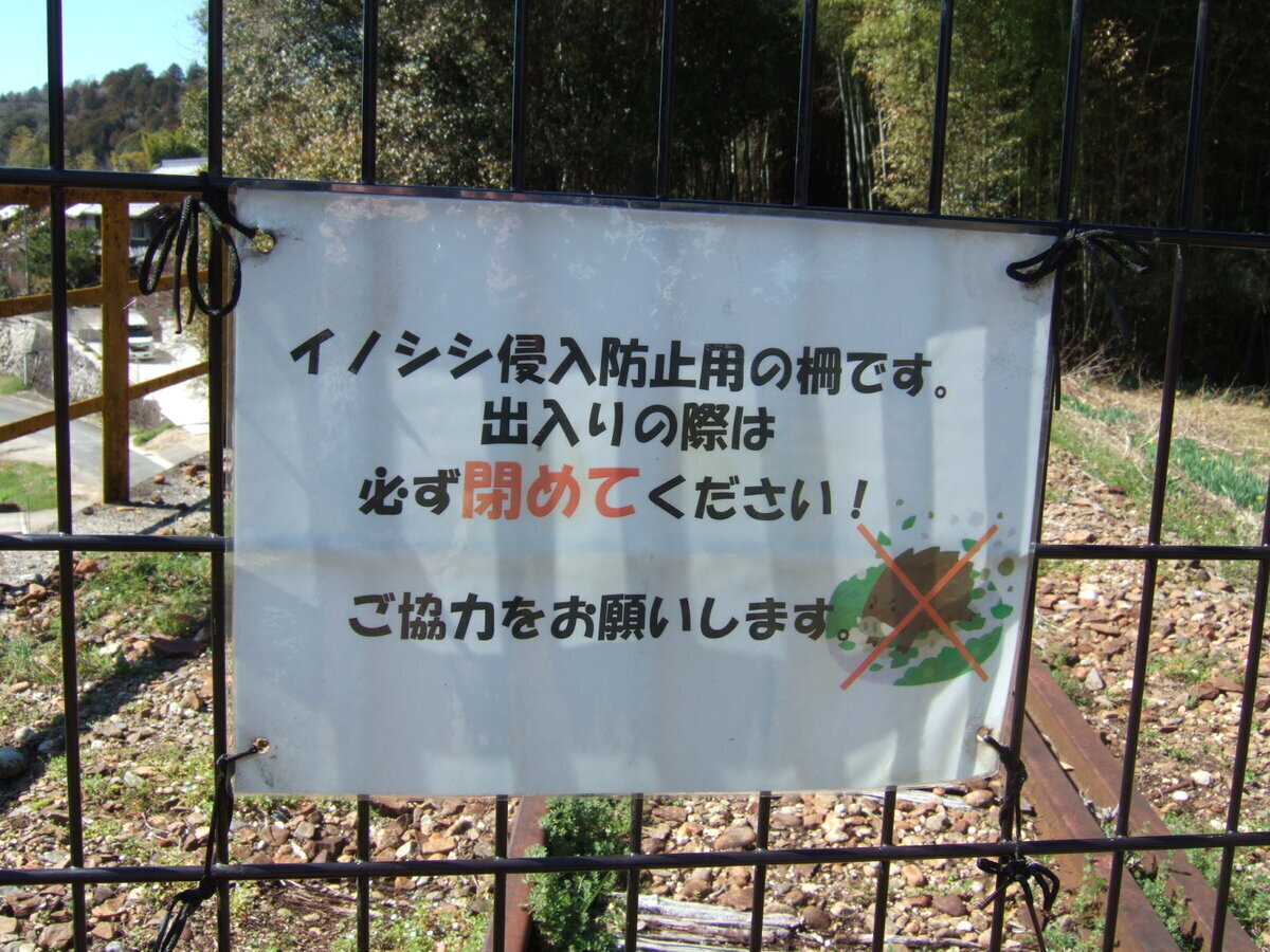 A Japanese sign reads (in English translation): “This gate prevents migration of wild boar / When entering and exiting, close this gate without fail / Thank you for your cooperation”