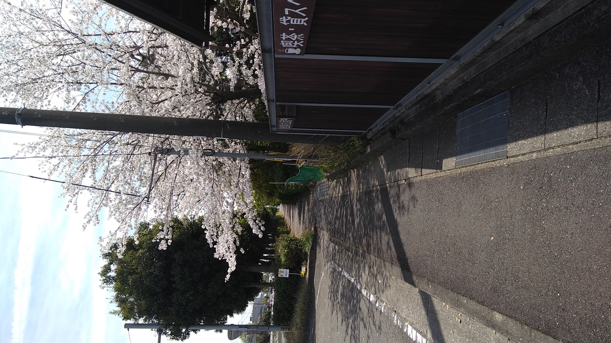 A narrow paved path alongside a stroad lying to the left. A portion of signage is visible on a fence or wall to the right, reading (in English translation) “Coffee and Tea ; Rental Space”.