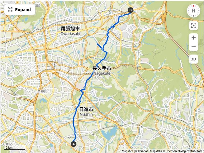 A route map between home in Nisshin and Seto high street