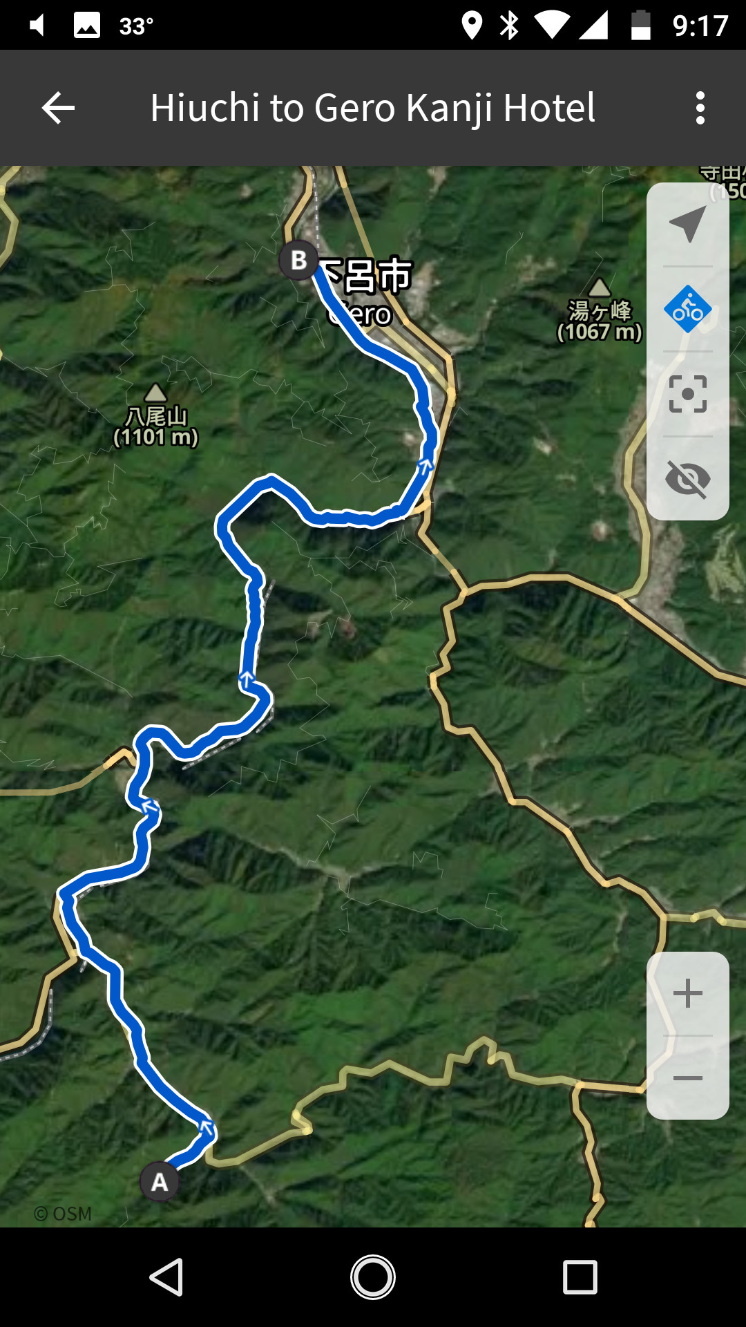 Map of a route from Hiuchi no Mori campground to the Gero Kanko Hotel in Gero