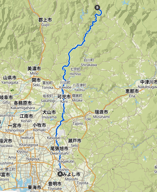 Map of a route north from Nisshin through Owariasahi, Kani, Hichisō to Gero hot springs