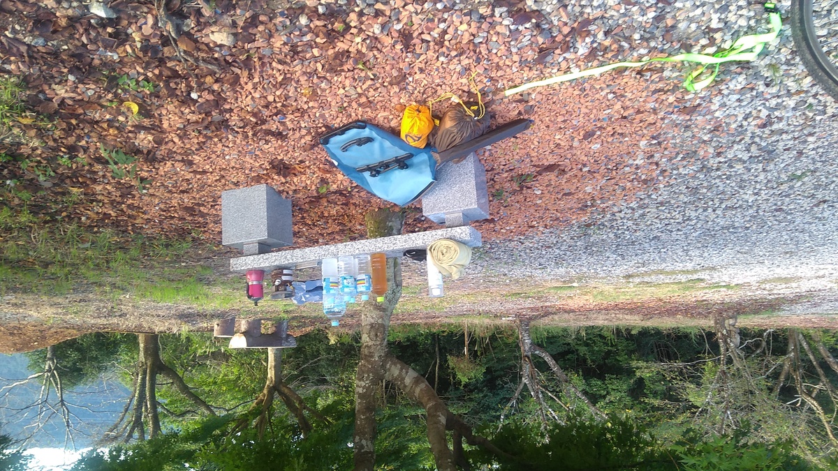 A gravelled area with a row of trees some 10 meters away, and a stone bench in the foreground on which water bottles and other cooking gear rest, with a pannier bag and makings of a tent lying on the ground in front.