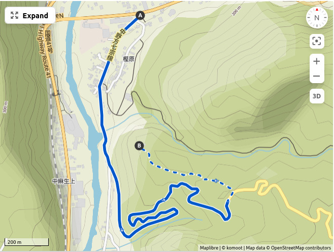 Map of a route from Route 41 in Hichisō to the Futoppara Campground