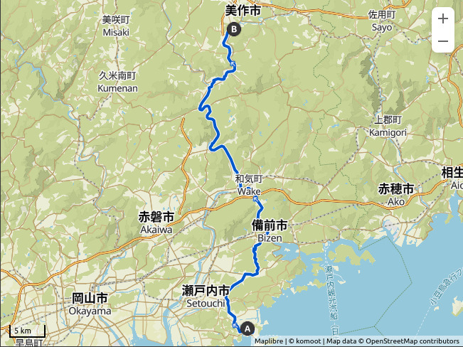 Map of a route from Ushimado in Okayama to the Yunogo hot spring resort town