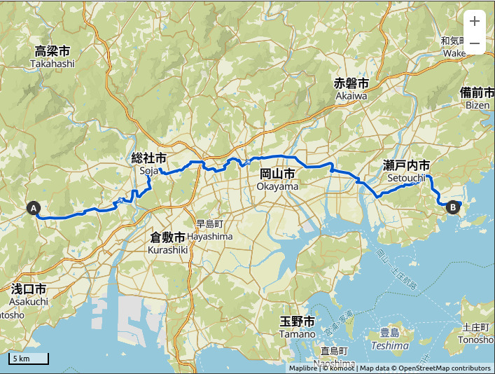 Map of a route from the Yakage hot spring resort to Ushimado