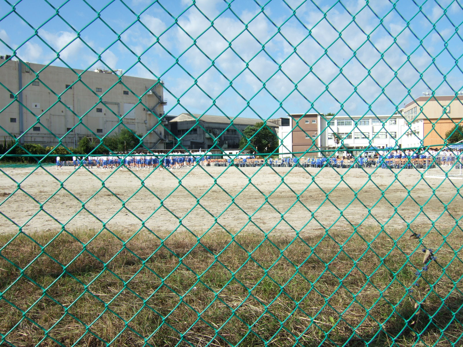 Students lined up on the barren parade ground in front of a square school building of concrete and brick facing. All are dressed in which shirts and blue shorts. The view is through a green chainlink fence that borders the school grounds.