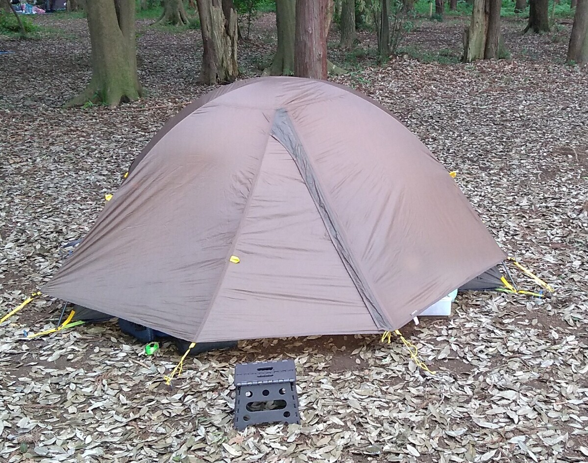 A brown one-man tent pitched on a leaf-strewn forest floor.