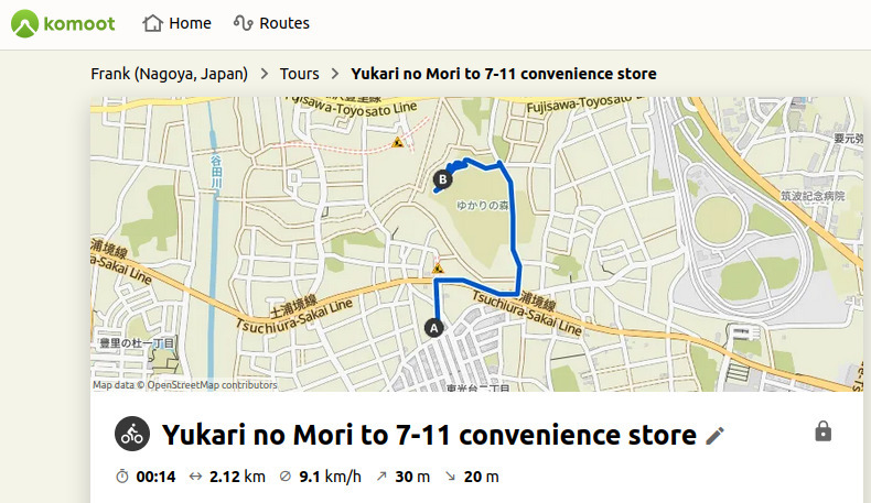 Route map from Yukari no Mori to 7-11 convenience store.