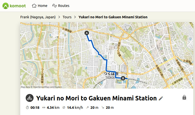 Route map from Yukari no Mori to Gakuen Minami Station.