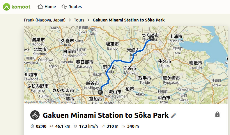 Route map from Gakuen Minami Station to Sōka Park