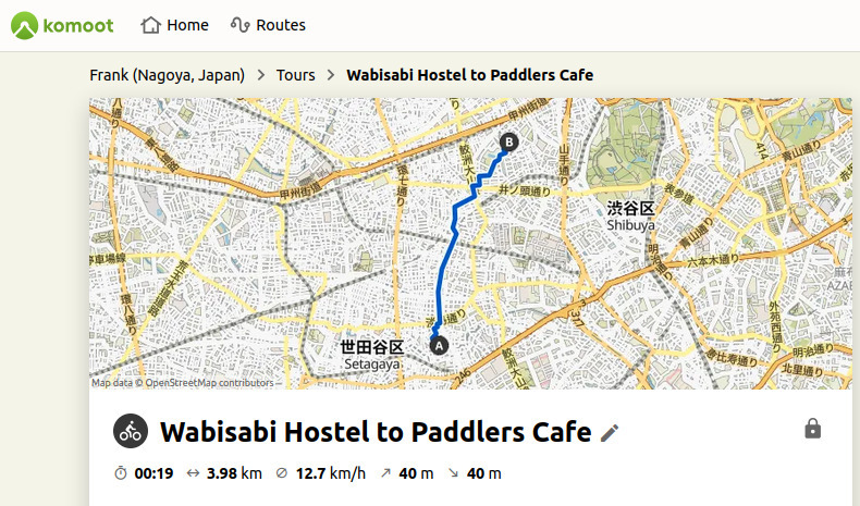 Route map from Wabisabi Hostel to Paddlers Cafe.